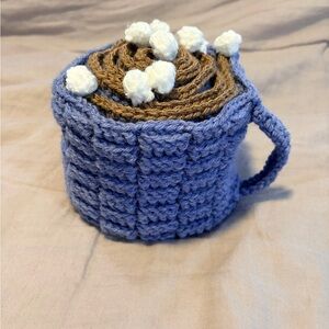 Handmade Crocheted Mug Cozy with Hot Cocoa Design - periwinkle